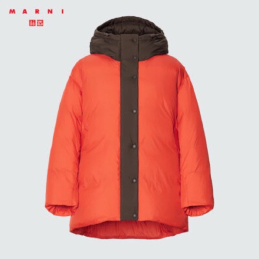 UNIQLO x Marni bright red orange & brown down puffer jacket